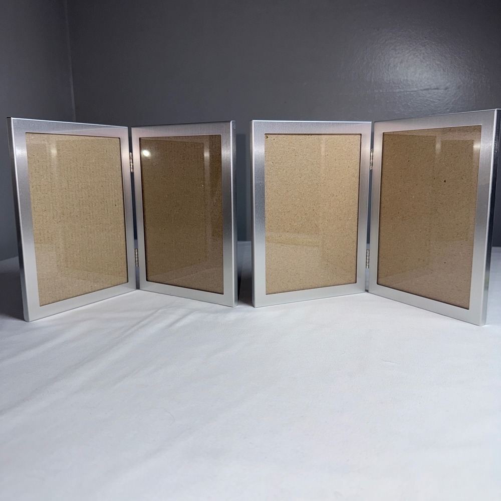 Brushed Silver Metal Double Picture Frames Hinged 5x7 Set of 2 Modern Decor